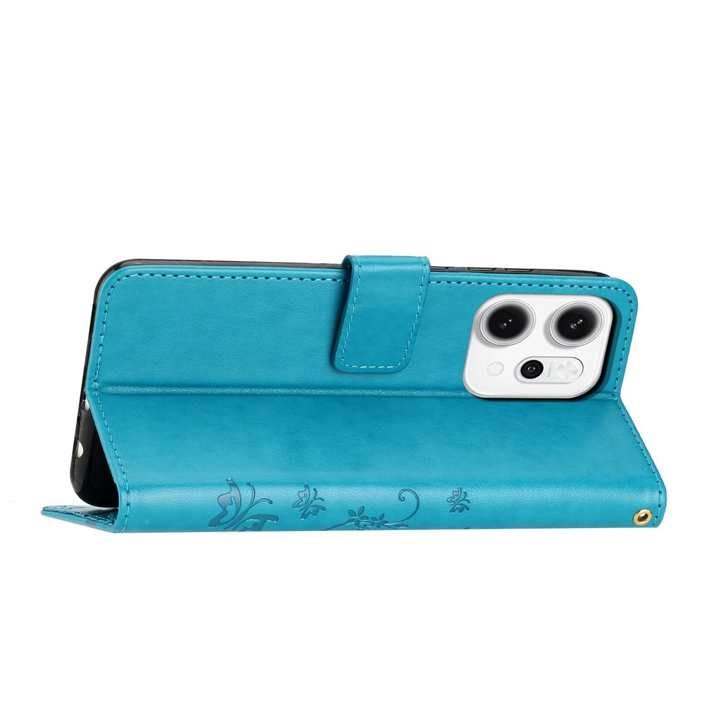 For Oppo Reno14 Pro 5G (Global) / Reno13 Pro 5G Leather Wallet Case Butterfly Flower Imprint Phone Cover with Strap - Blue