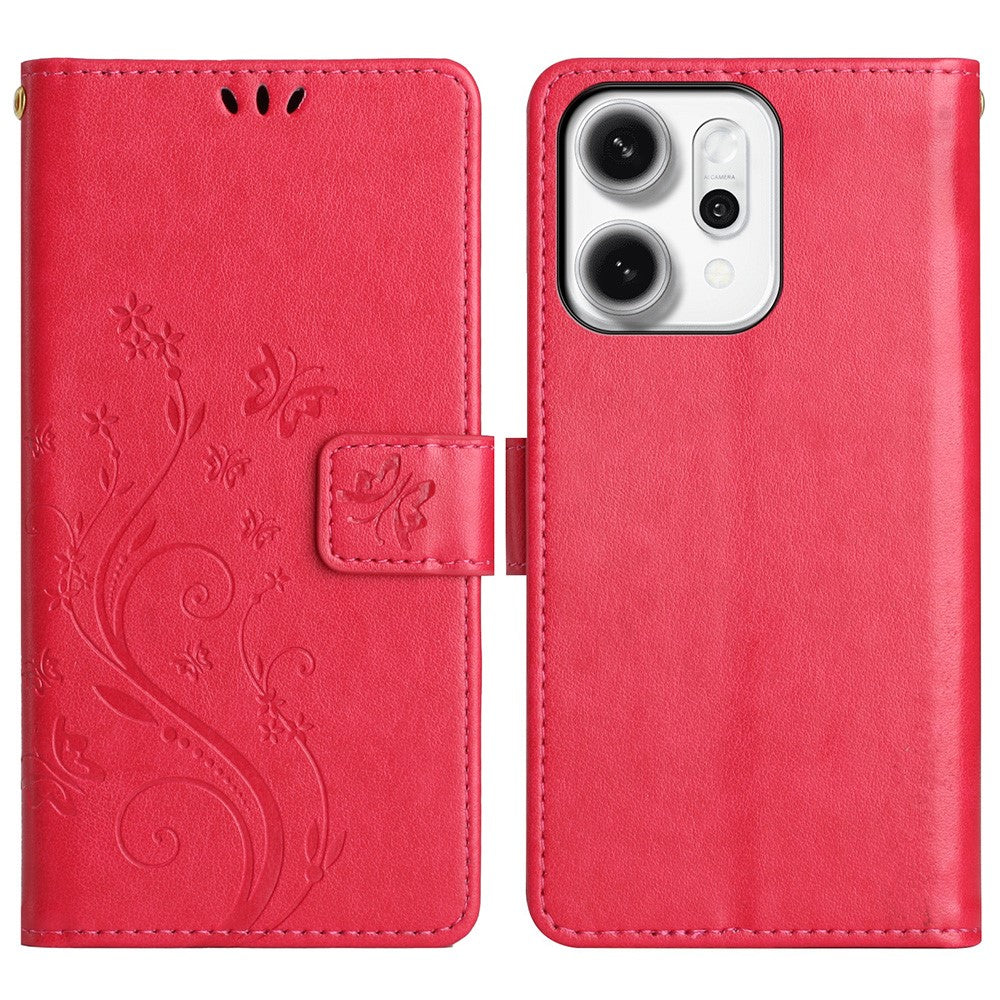 For Oppo Reno14 Pro 5G (Global) / Reno13 Pro 5G Leather Wallet Case Butterfly Flower Imprint Phone Cover with Strap - Red
