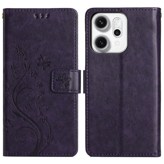 For Oppo Reno14 Pro 5G (Global) / Reno13 Pro 5G Leather Wallet Case Butterfly Flower Imprint Phone Cover with Strap - Dark Purple