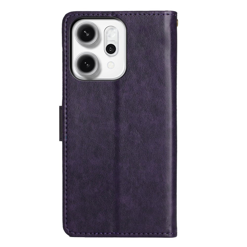 For Oppo Reno14 Pro 5G (Global) / Reno13 Pro 5G Leather Wallet Case Butterfly Flower Imprint Phone Cover with Strap - Dark Purple