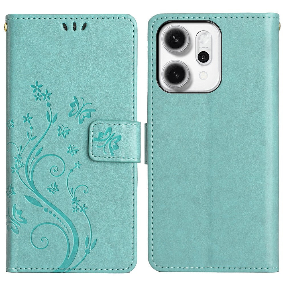 For Oppo Reno14 Pro 5G (Global) / Reno13 Pro 5G Leather Wallet Case Butterfly Flower Imprint Phone Cover with Strap - Baby Blue