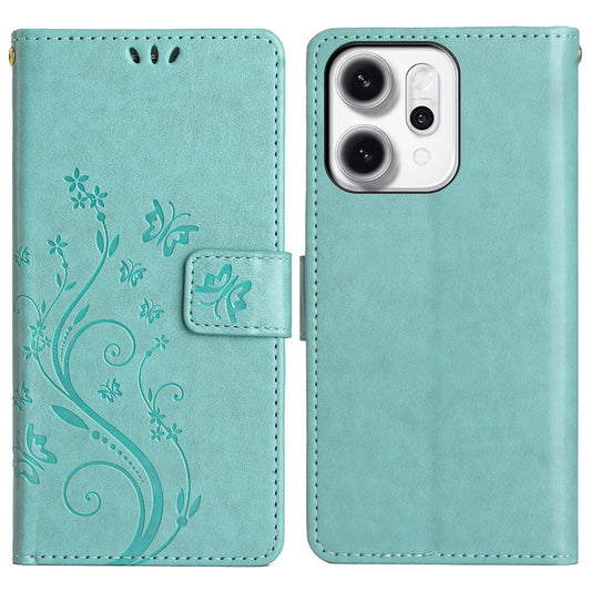For Oppo Reno14 Pro 5G (Global) / Reno13 Pro 5G Leather Wallet Case Butterfly Flower Imprint Phone Cover with Strap - Baby Blue