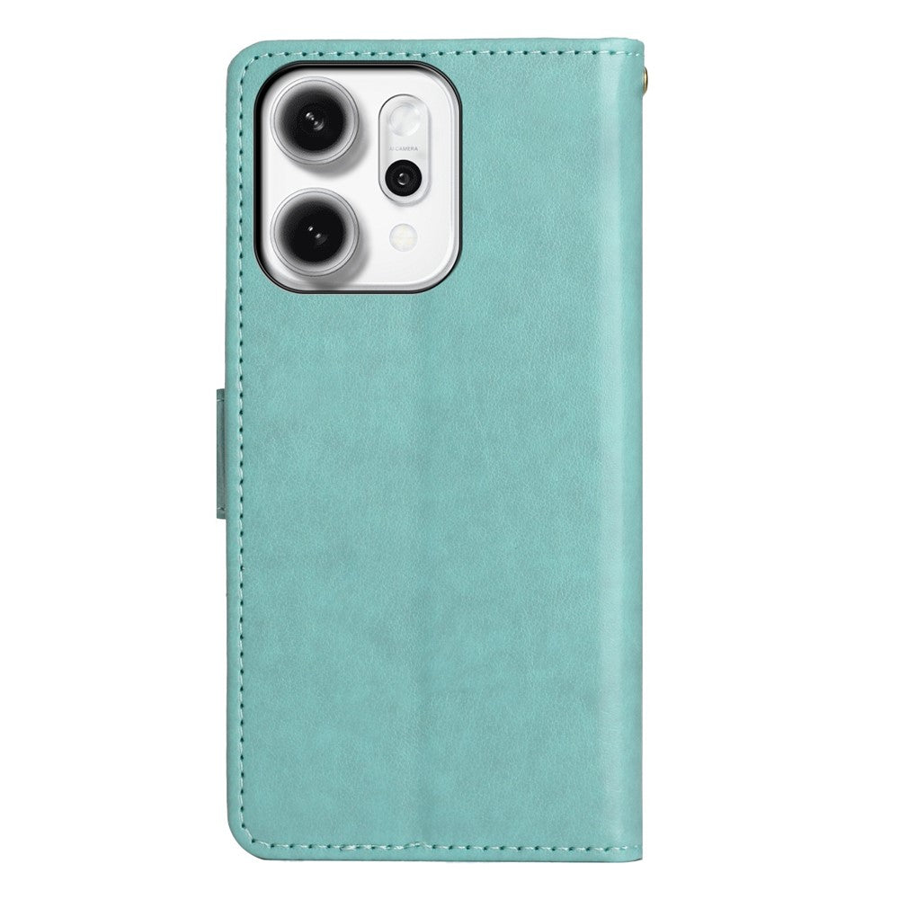 For Oppo Reno14 Pro 5G (Global) / Reno13 Pro 5G Leather Wallet Case Butterfly Flower Imprint Phone Cover with Strap - Baby Blue