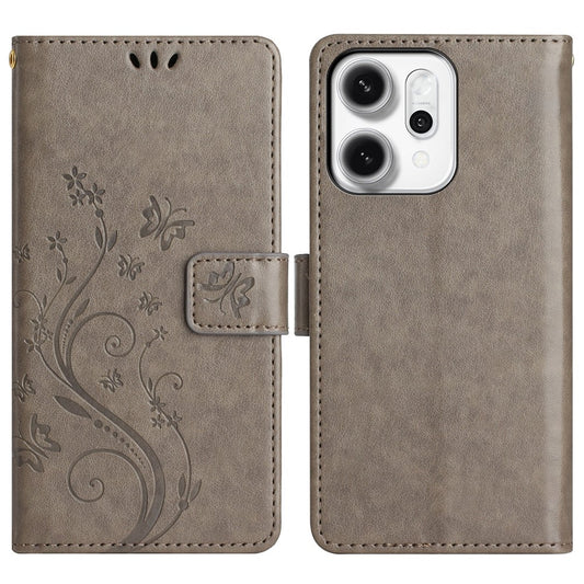 For Oppo Reno14 Pro 5G (Global) / Reno13 Pro 5G Leather Wallet Case Butterfly Flower Imprint Phone Cover with Strap - Grey