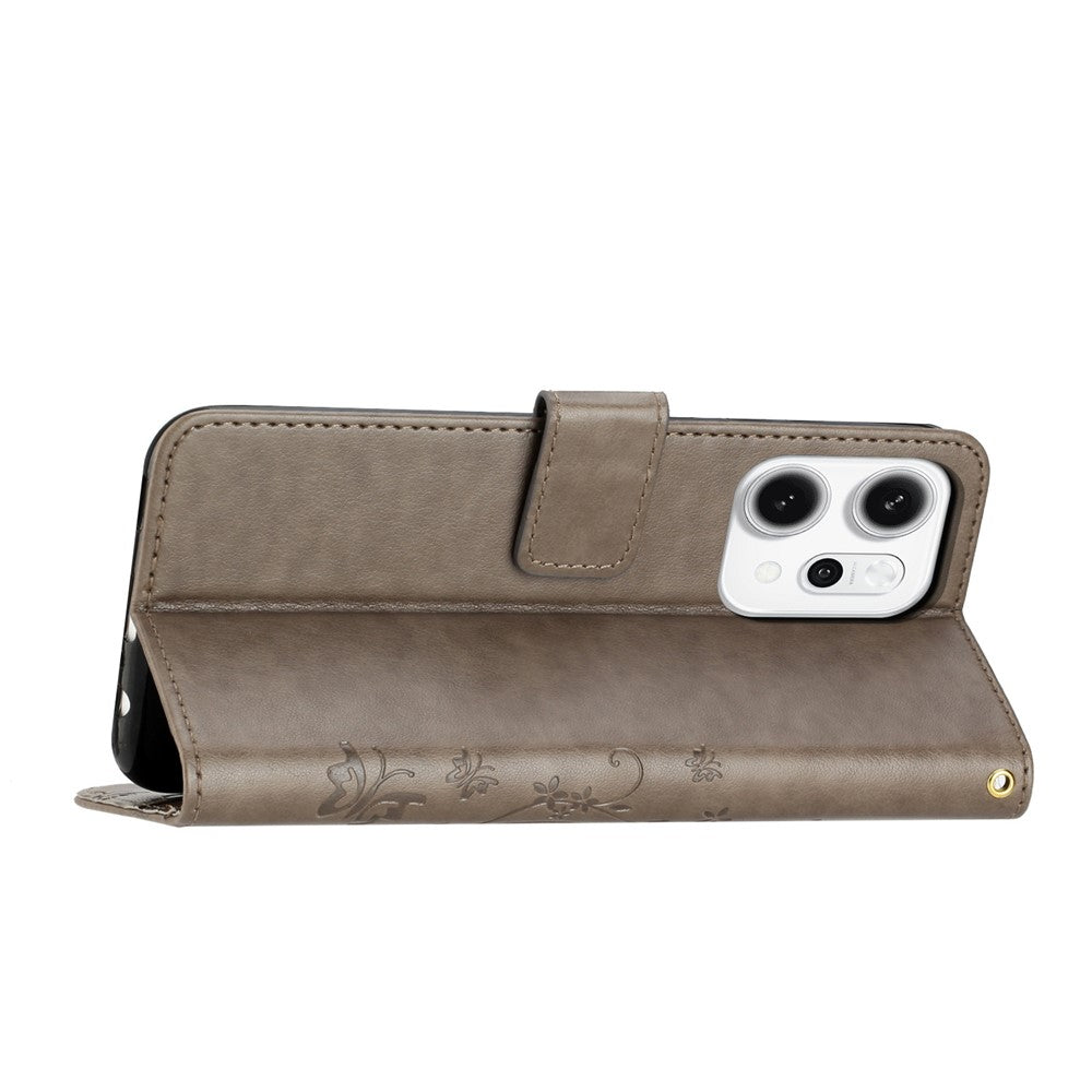 For Oppo Reno14 Pro 5G (Global) / Reno13 Pro 5G Leather Wallet Case Butterfly Flower Imprint Phone Cover with Strap - Grey
