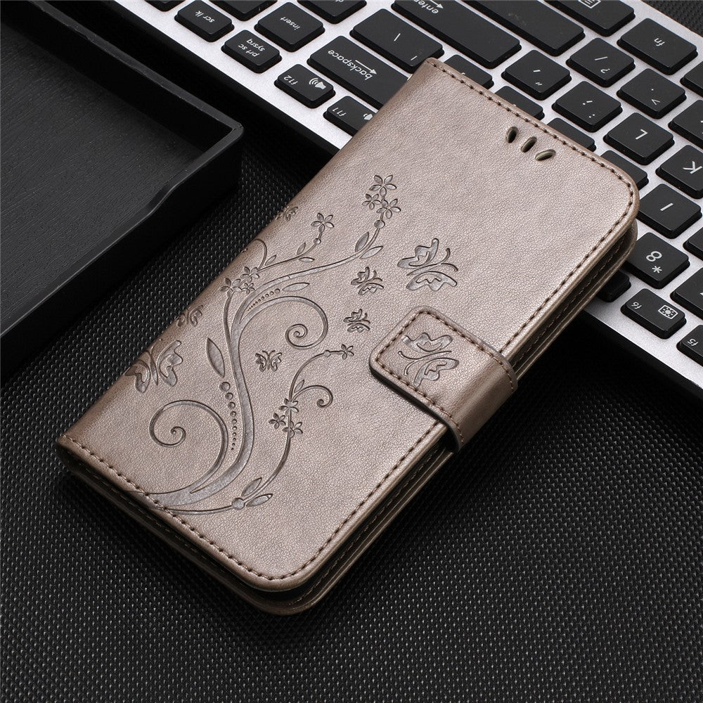 For Oppo Reno14 Pro 5G (Global) / Reno13 Pro 5G Leather Wallet Case Butterfly Flower Imprint Phone Cover with Strap - Grey