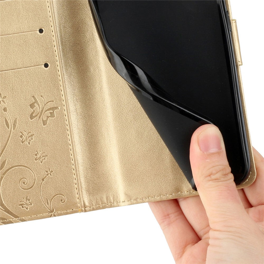 For Oppo Reno14 Pro 5G (Global) / Reno13 Pro 5G Leather Wallet Case Butterfly Flower Imprint Phone Cover with Strap - Gold