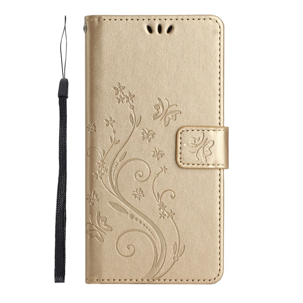 For Oppo Reno14 Pro 5G (Global) / Reno13 Pro 5G Leather Wallet Case Butterfly Flower Imprint Phone Cover with Strap - Gold