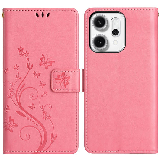 For Oppo Reno14 Pro 5G (Global) / Reno13 Pro 5G Leather Wallet Case Butterfly Flower Imprint Phone Cover with Strap - Pink