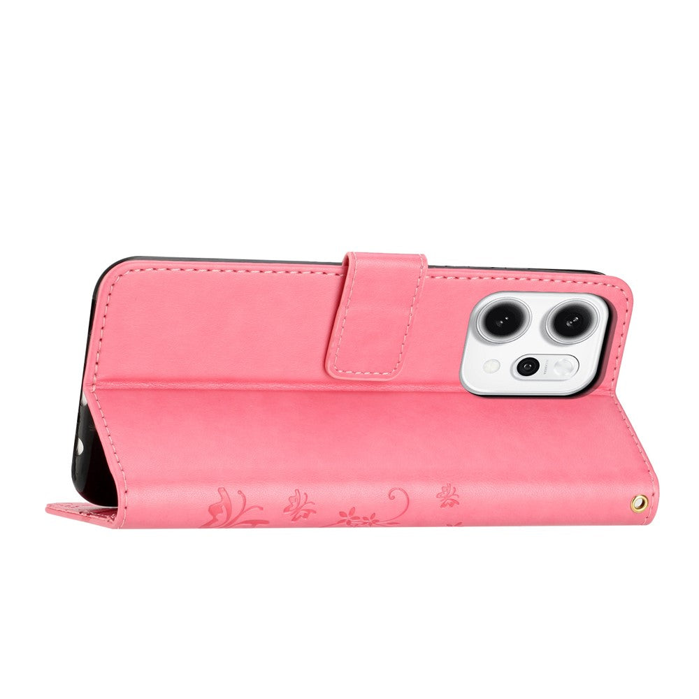 For Oppo Reno14 Pro 5G (Global) / Reno13 Pro 5G Leather Wallet Case Butterfly Flower Imprint Phone Cover with Strap - Pink