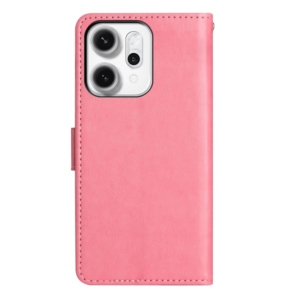 For Oppo Reno14 Pro 5G (Global) / Reno13 Pro 5G Leather Wallet Case Butterfly Flower Imprint Phone Cover with Strap - Pink