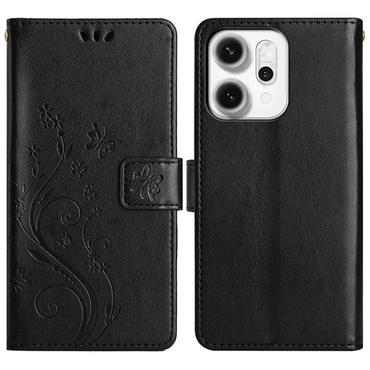 For Oppo Reno14 Pro 5G (Global) / Reno13 Pro 5G Leather Wallet Case Butterfly Flower Imprint Phone Cover with Strap - Black