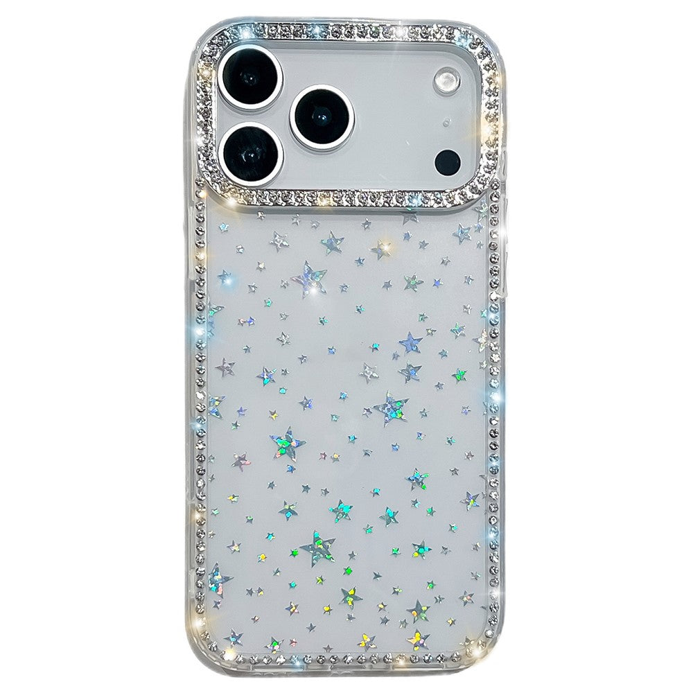 For iPhone 17 Pro Max Case Rhinestone Edge Glitter Back TPU + PC IMD Phone Cover - Starry Transparent