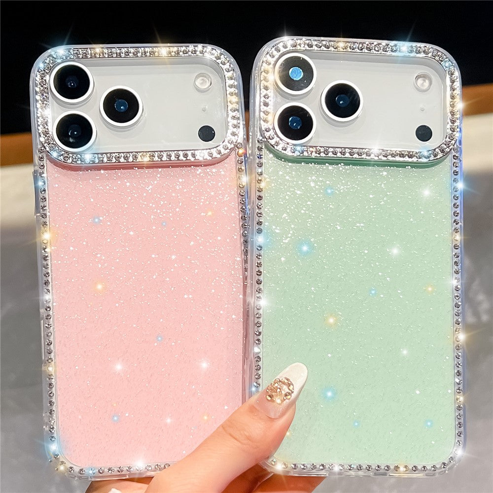For iPhone 17 Pro Max Case Rhinestone Edge Glitter Back TPU + PC IMD Phone Cover - Glitter White