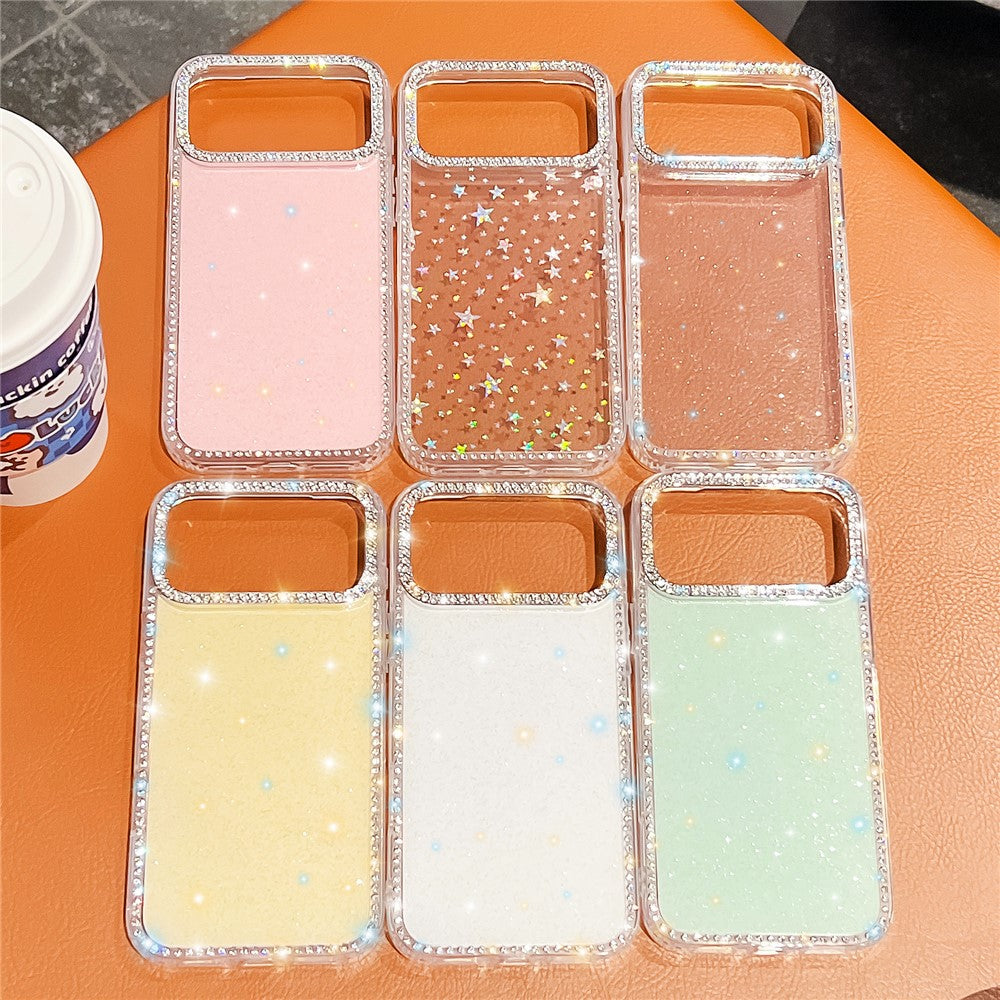For iPhone 17 Pro Max Case Rhinestone Edge Glitter Back TPU + PC IMD Phone Cover - Glitter White