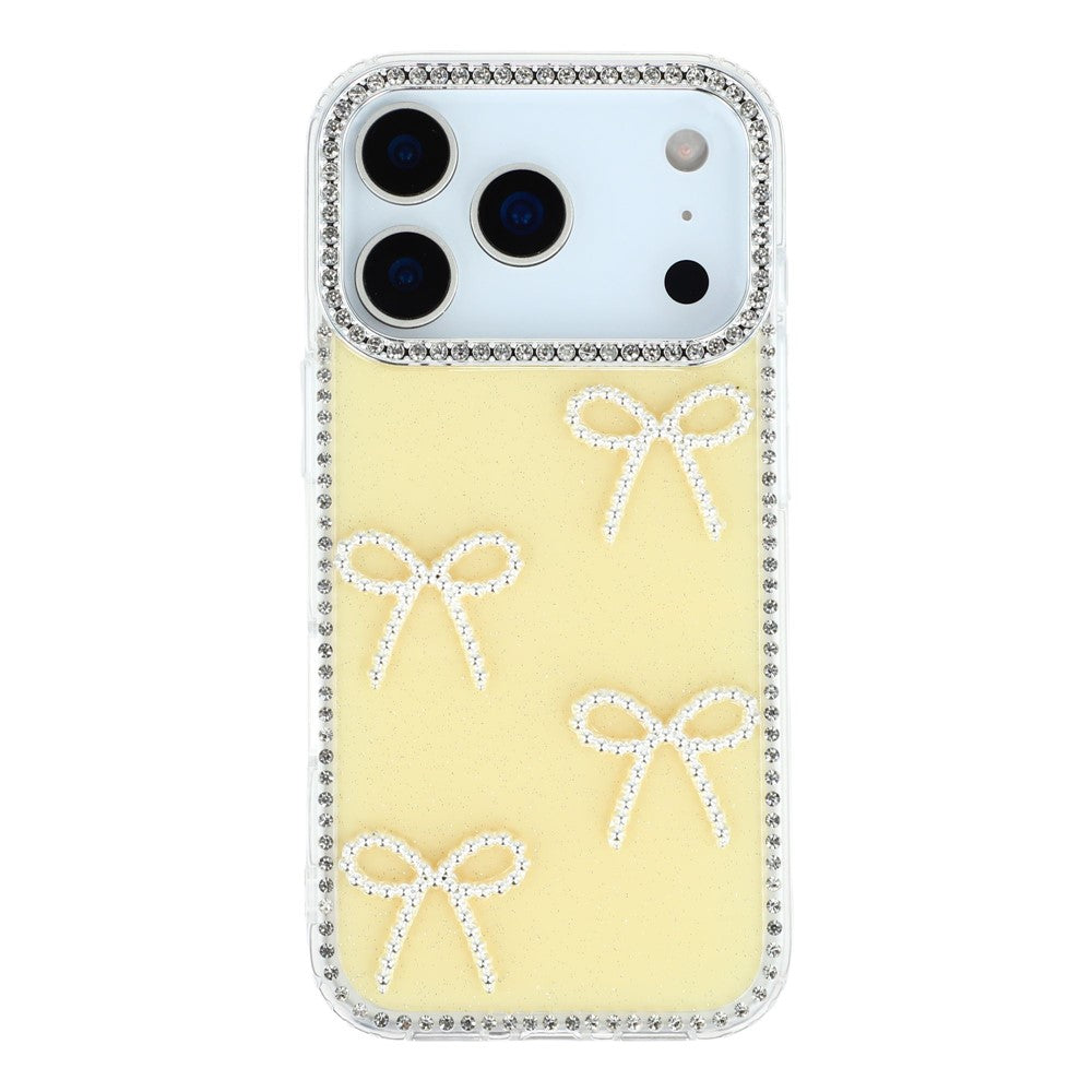 For iPhone 17 Pro Max Case Rhinestone Edge Butterfly Bow Decor TPU + PC IMD Phone Cover - Glitter Light Yellow