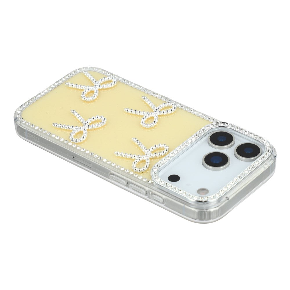 For iPhone 17 Pro Max Case Rhinestone Edge Butterfly Bow Decor TPU + PC IMD Phone Cover - Glitter Light Yellow
