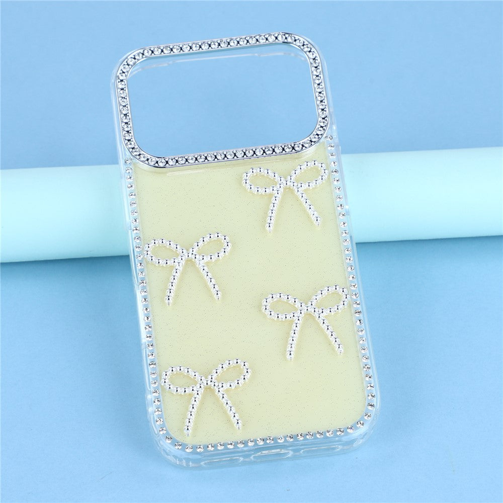 For iPhone 17 Pro Max Case Rhinestone Edge Butterfly Bow Decor TPU + PC IMD Phone Cover - Glitter Light Yellow