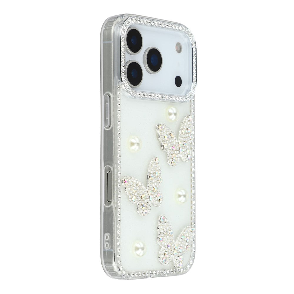 For iPhone 17 Pro Max Case Rhinestone Edge Pearl Butterfly Decor TPU + PC IMD Phone Cover - Glitter White