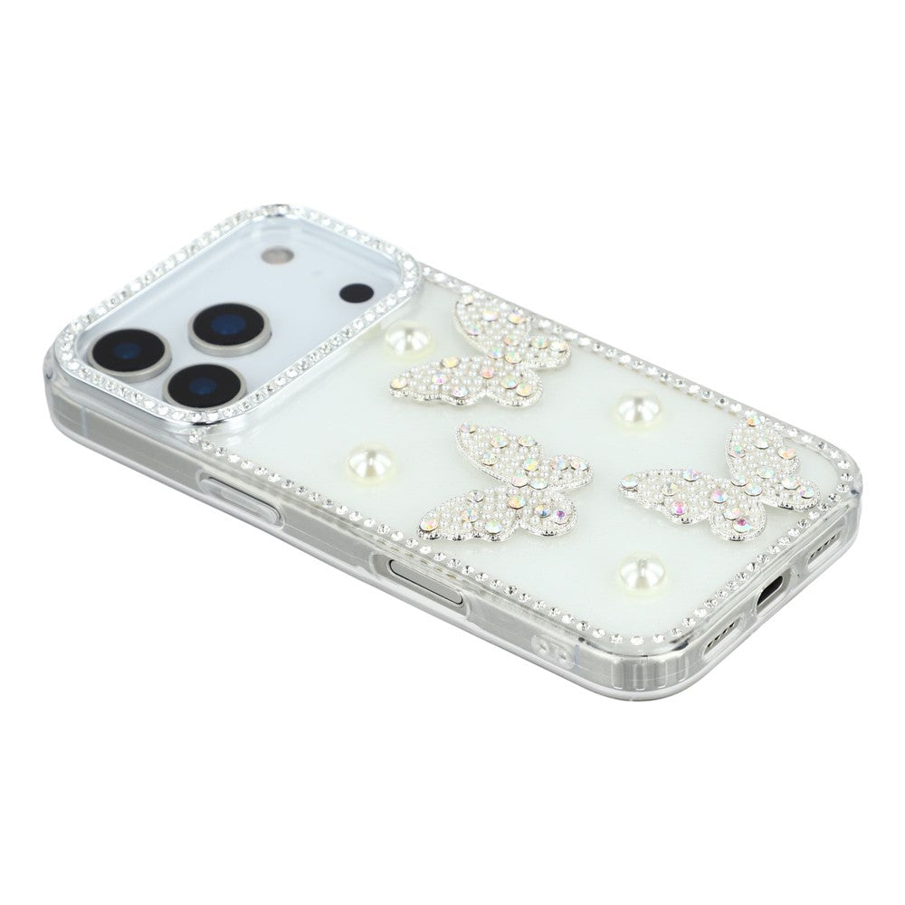 For iPhone 17 Pro Max Case Rhinestone Edge Pearl Butterfly Decor TPU + PC IMD Phone Cover - Glitter White