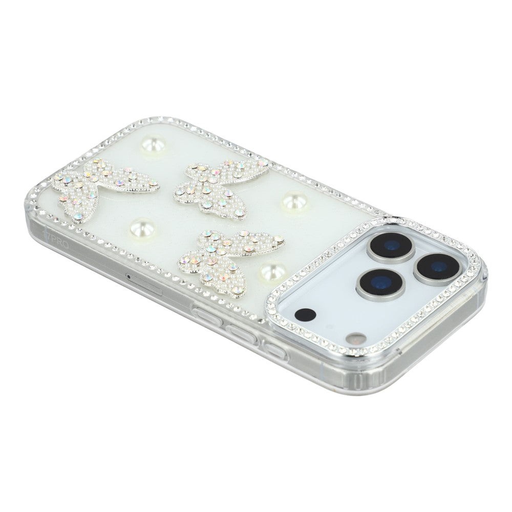 For iPhone 17 Pro Max Case Rhinestone Edge Pearl Butterfly Decor TPU + PC IMD Phone Cover - Glitter White