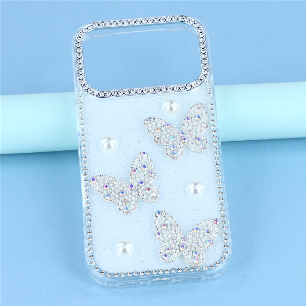 For iPhone 17 Pro Max Case Rhinestone Edge Pearl Butterfly Decor TPU + PC IMD Phone Cover - Glitter White