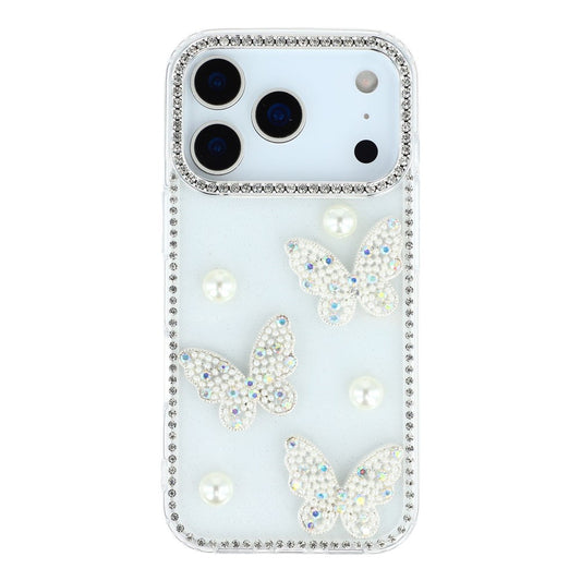 For iPhone 17 Pro Max Case Rhinestone Edge Pearl Butterfly Decor TPU + PC IMD Phone Cover - Glitter Transparent