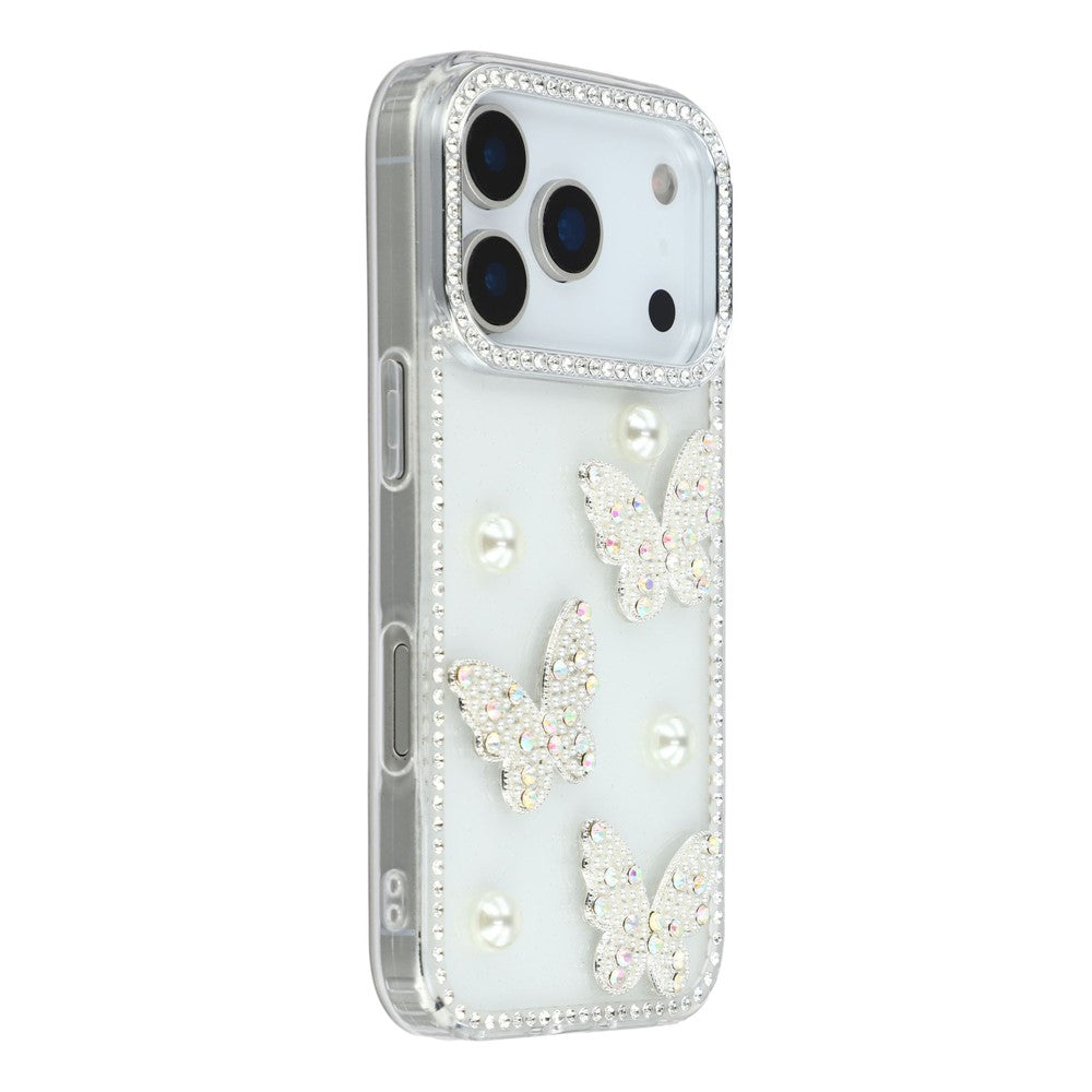 For iPhone 17 Pro Max Case Rhinestone Edge Pearl Butterfly Decor TPU + PC IMD Phone Cover - Glitter Transparent