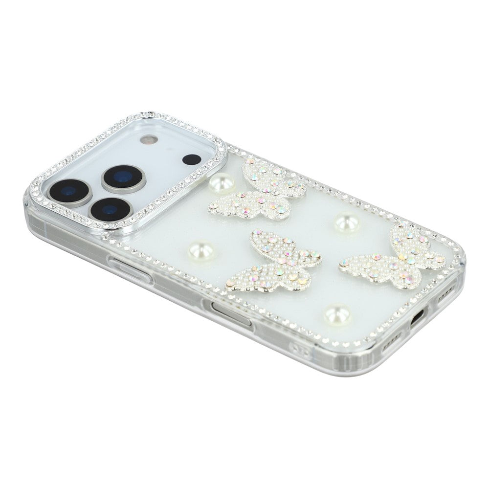 For iPhone 17 Pro Max Case Rhinestone Edge Pearl Butterfly Decor TPU + PC IMD Phone Cover - Glitter Transparent