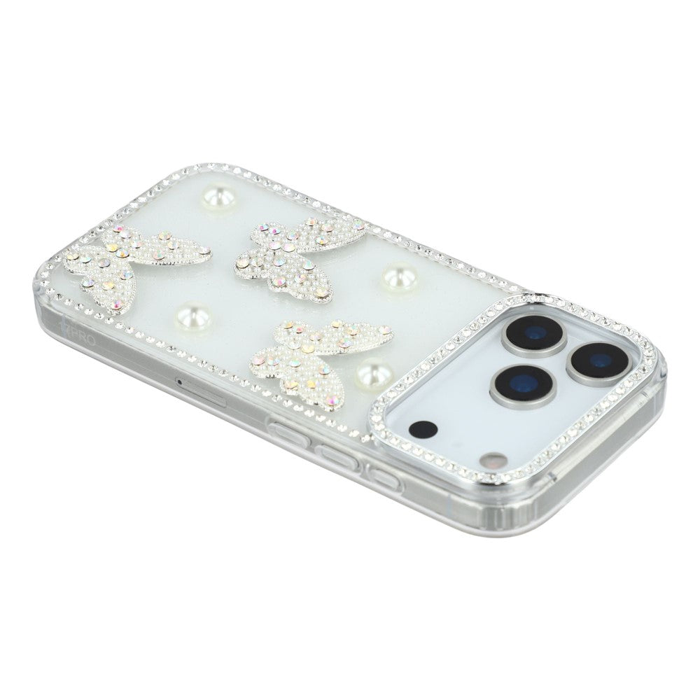 For iPhone 17 Pro Max Case Rhinestone Edge Pearl Butterfly Decor TPU + PC IMD Phone Cover - Glitter Transparent