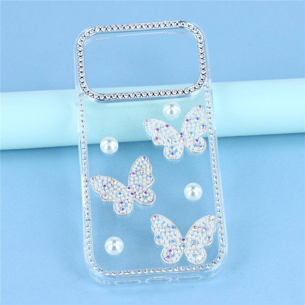 For iPhone 17 Pro Max Case Rhinestone Edge Pearl Butterfly Decor TPU + PC IMD Phone Cover - Glitter Transparent