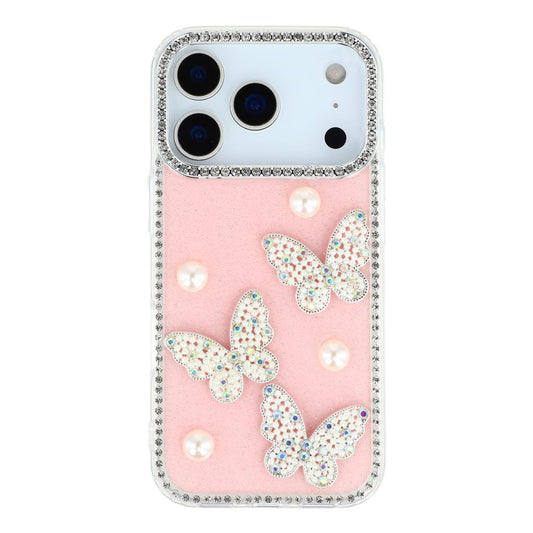 For iPhone 17 Pro Max Case Rhinestone Edge Pearl Butterfly Decor TPU + PC IMD Phone Cover - Glitter Light Pink