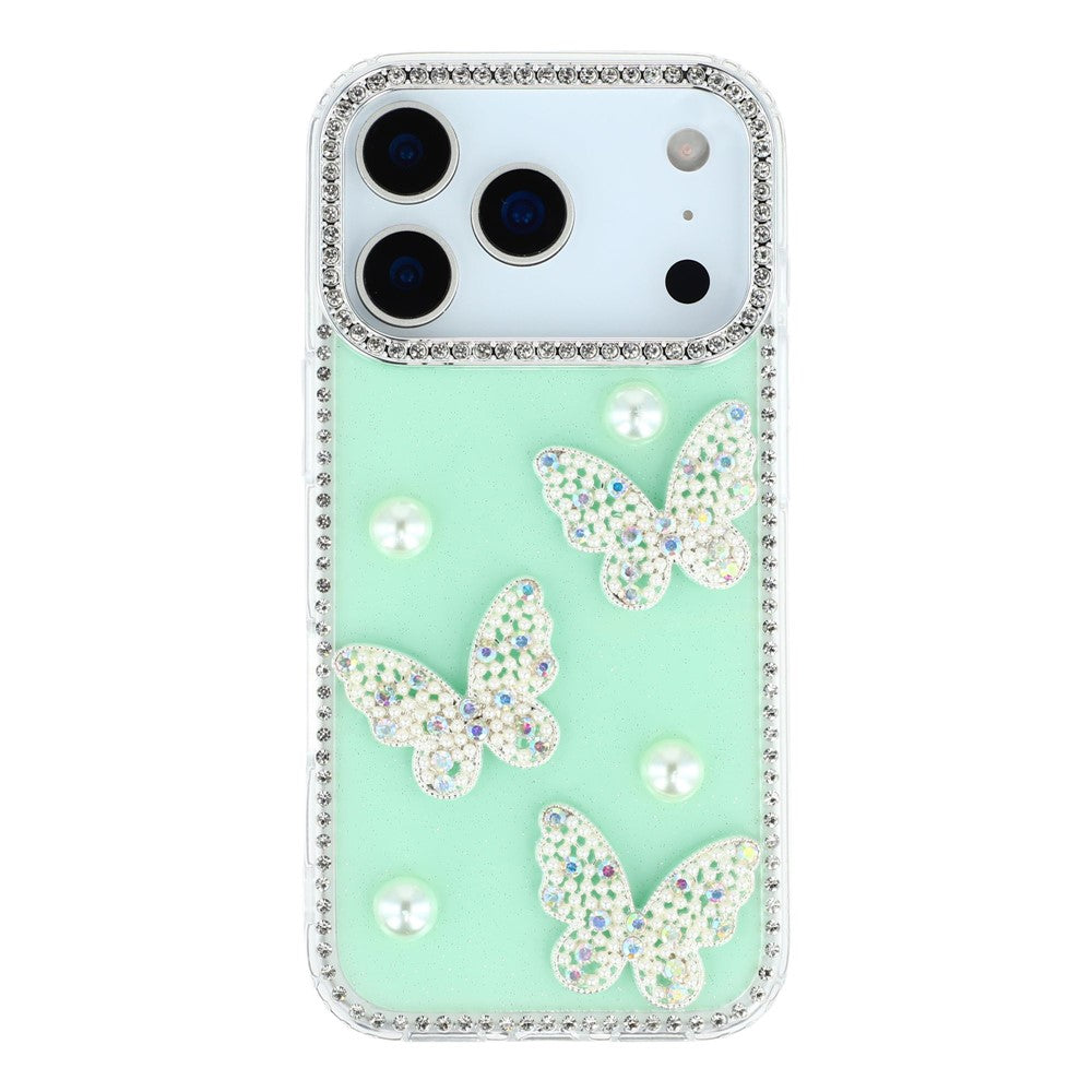 For iPhone 17 Pro Max Case Rhinestone Edge Pearl Butterfly Decor TPU + PC IMD Phone Cover - Glitter Light Green