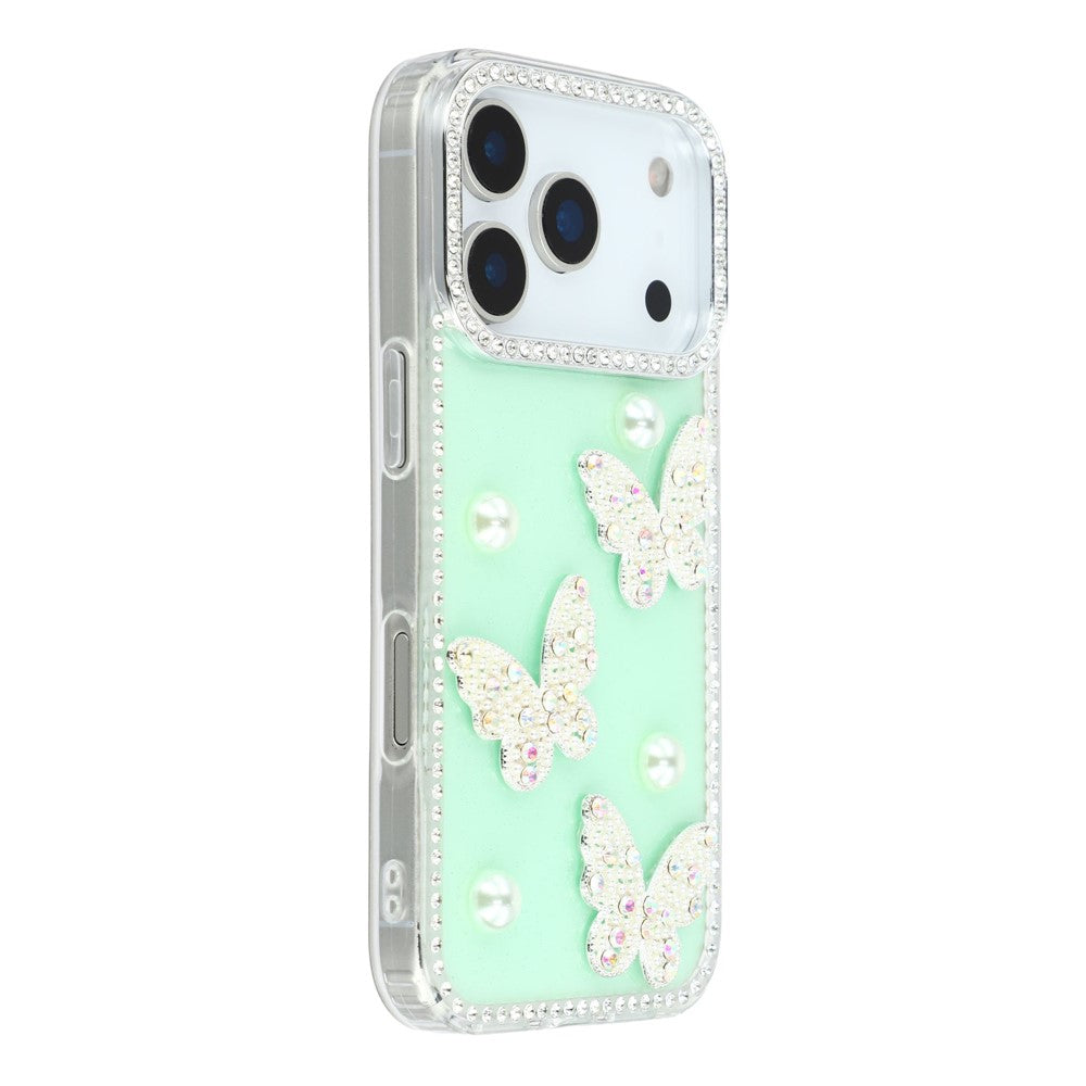 For iPhone 17 Pro Max Case Rhinestone Edge Pearl Butterfly Decor TPU + PC IMD Phone Cover - Glitter Light Green