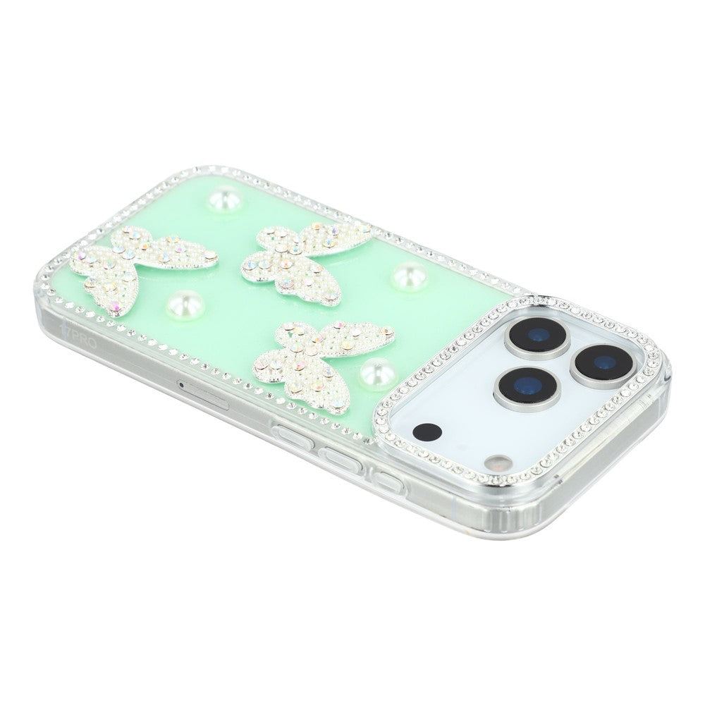 For iPhone 17 Pro Max Case Rhinestone Edge Pearl Butterfly Decor TPU + PC IMD Phone Cover - Glitter Light Green