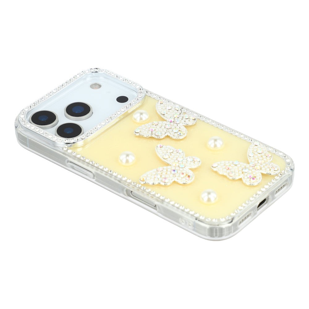 For iPhone 17 Pro Max Case Rhinestone Edge Pearl Butterfly Decor TPU + PC IMD Phone Cover - Glitter Light Yellow