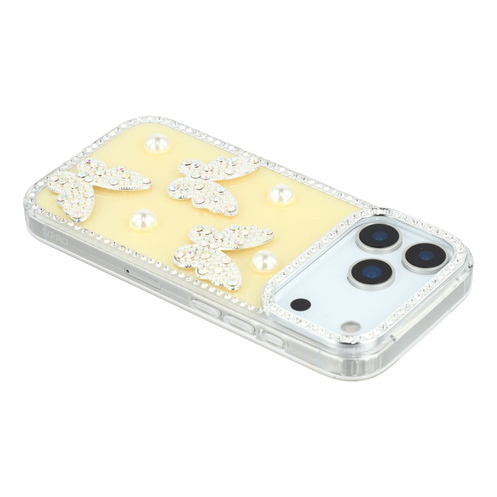 For iPhone 17 Pro Max Case Rhinestone Edge Pearl Butterfly Decor TPU + PC IMD Phone Cover - Glitter Light Yellow