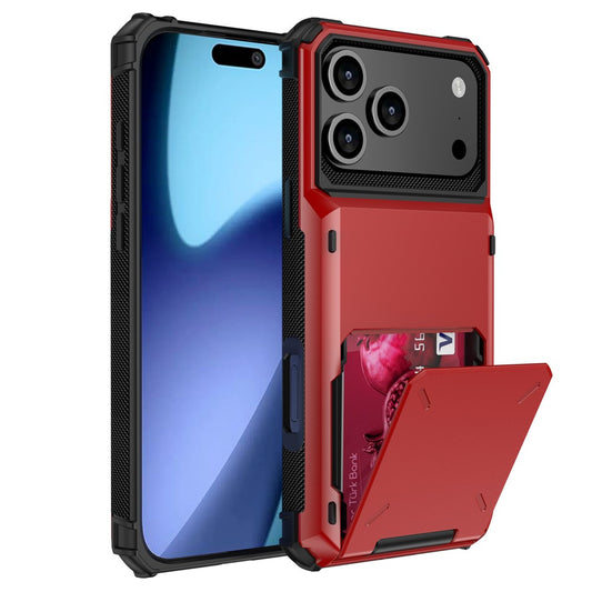 For iPhone 17 Pro Max Case PC + TPU Dual Layer Back Phone Cover with Card Holder - Red