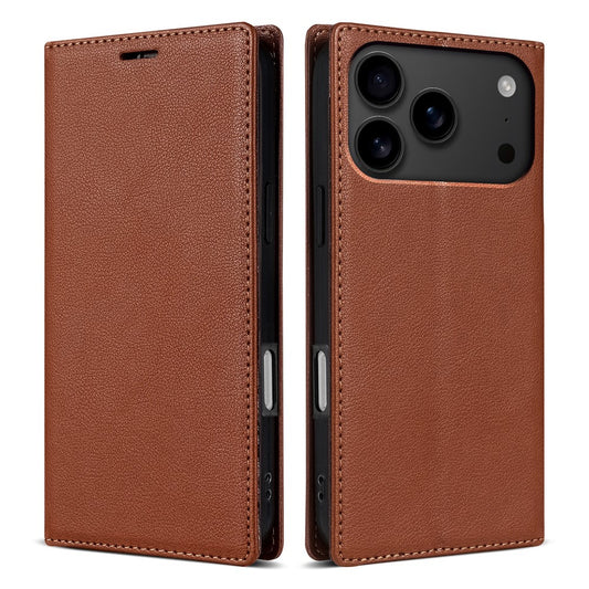For iPhone 17 Pro Max Wallet Case Magnetic Closure PU Leather Phone Cover - Brown
