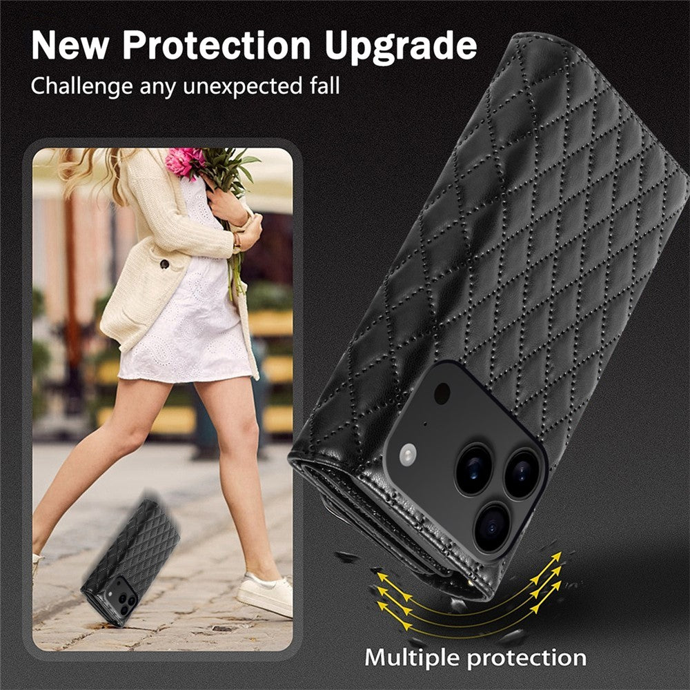 BKS-002 For iPhone 17 Pro Max Wallet Case PU Leather Stand Phone Cover with Shoulder Strap - Black