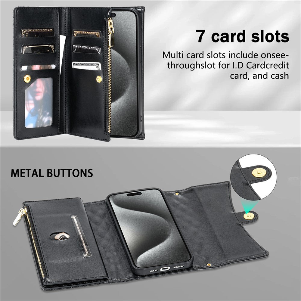 BKS-002 For iPhone 17 Pro Max Wallet Case PU Leather Stand Phone Cover with Shoulder Strap - Black