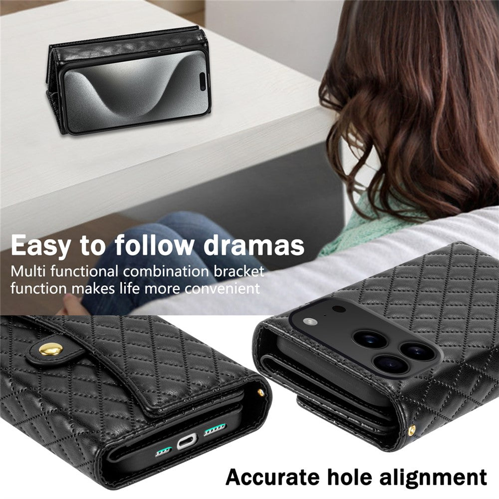 BKS-002 For iPhone 17 Pro Max Wallet Case PU Leather Stand Phone Cover with Shoulder Strap - Black