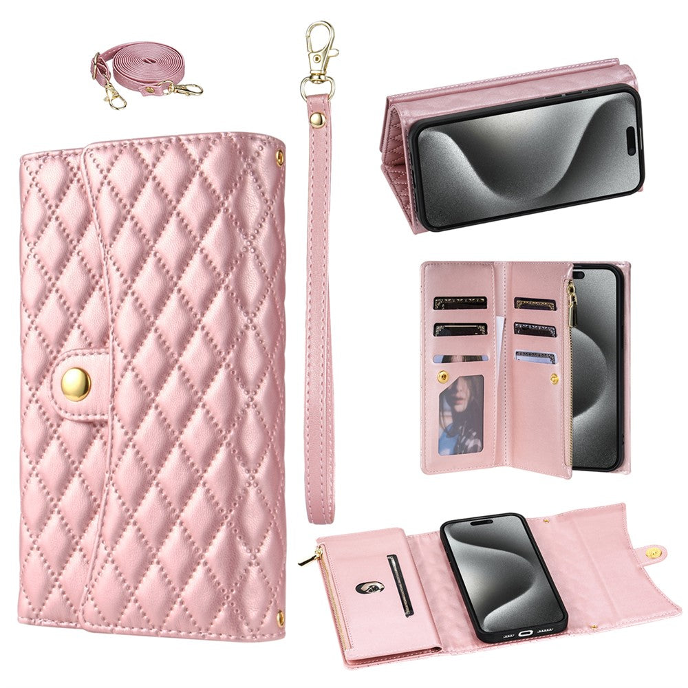 BKS-002 For iPhone 17 Pro Max Wallet Case PU Leather Stand Phone Cover with Shoulder Strap - Rose Gold