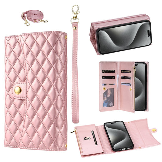 BKS-002 For iPhone 17 Pro Max Wallet Case PU Leather Stand Phone Cover with Shoulder Strap - Rose Gold
