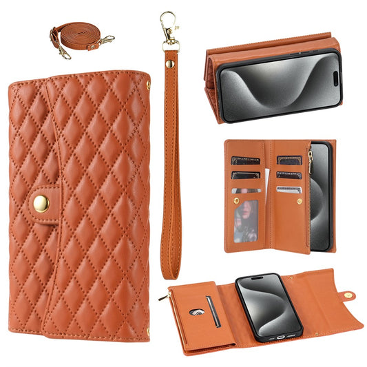 BKS-002 For iPhone 17 Pro Max Wallet Case PU Leather Stand Phone Cover with Shoulder Strap - Brown