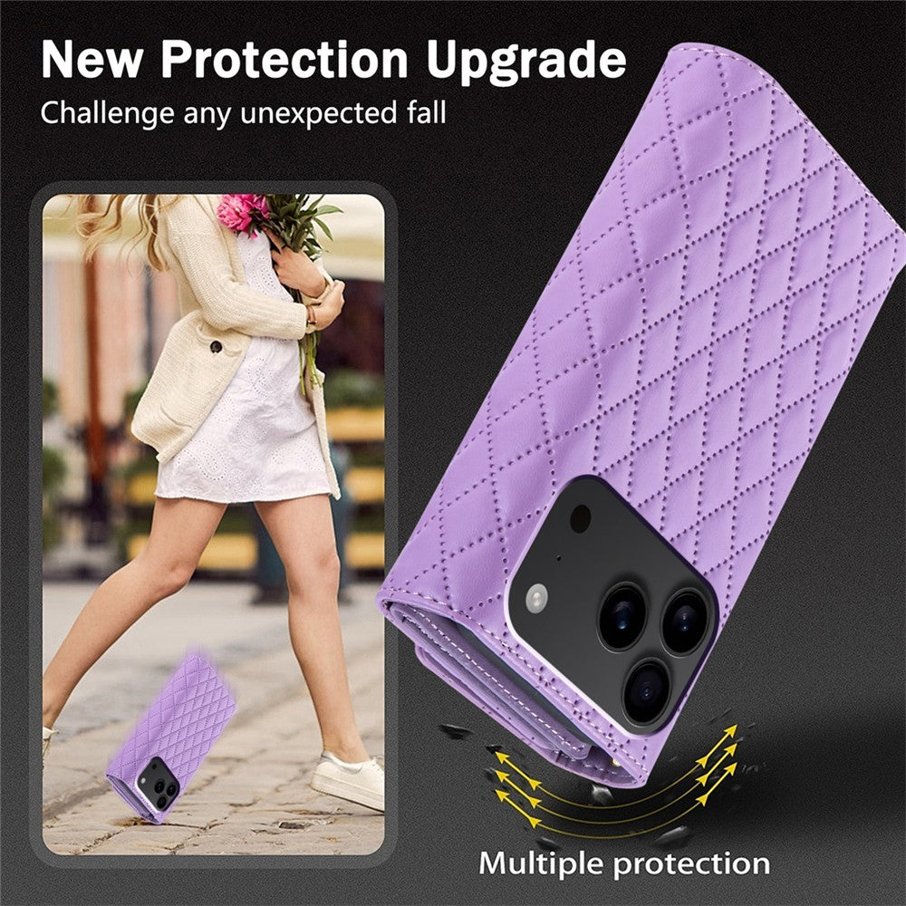 BKS-002 For iPhone 17 Pro Max Wallet Case PU Leather Stand Phone Cover with Shoulder Strap - Purple