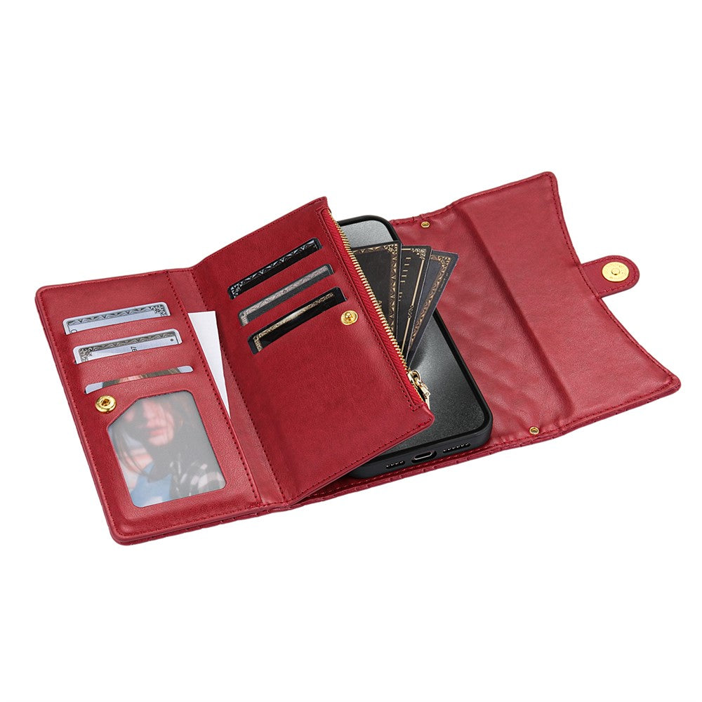 BKS-002 For iPhone 17 Pro Max Wallet Case PU Leather Stand Phone Cover with Shoulder Strap - Red