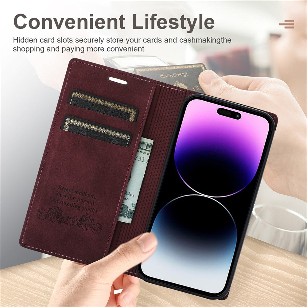 For iPhone 17 Pro Max Wallet Case Magnetic Closing Leather Phone Cover - Wine Red