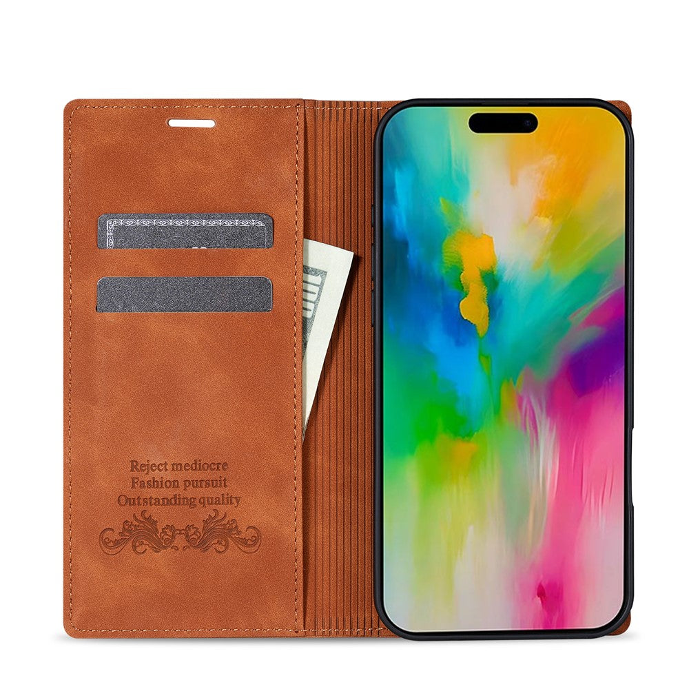 For iPhone 17 Pro Max Wallet Case Magnetic Closing Leather Phone Cover - Brown