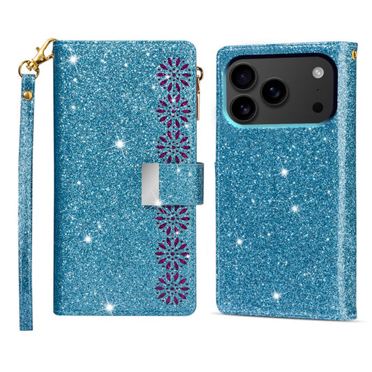 For iPhone 17 Pro Max Case Starry Sky Carving Leather Wallet Phone Cover with Wrist Strap - Blue